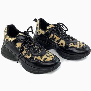 Calf Hair Leather Lace Up Women’s Leopard Print Shoes Size 9.5